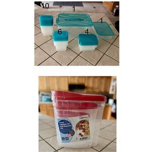 Red Cereal Container Set W/Snap-On Lids & Set Of Storage Containers with lids.